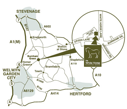 Map to the White Horse from Welwyn Garden City, Stevenage, Knebworth, Watton, Tewin and Hertford