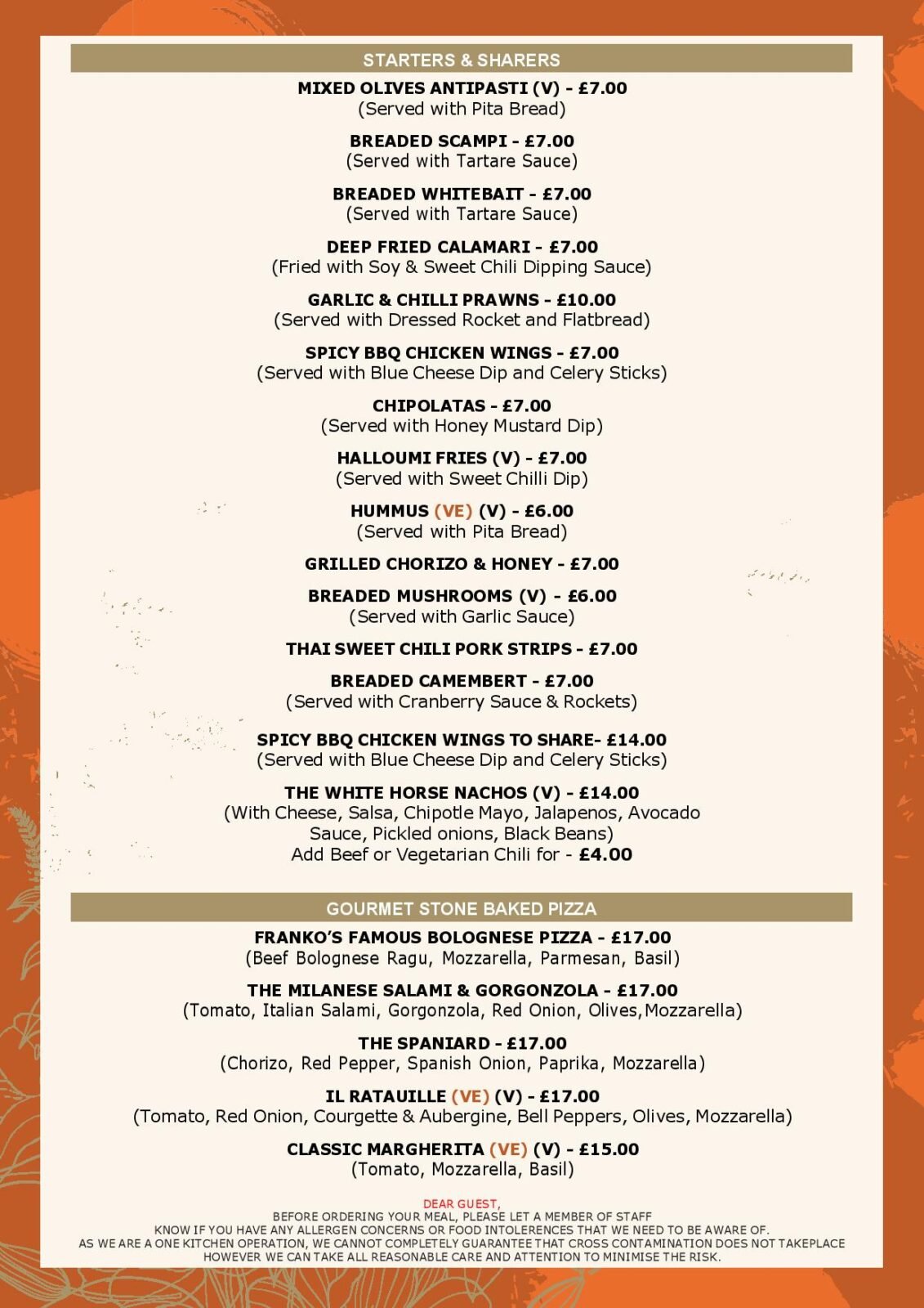 Starter Menu, Sharing Dishes and Pizzas at the White Horse Pub and Kitchen in Burnham Green, near Digswell, Welwyn, Tewin