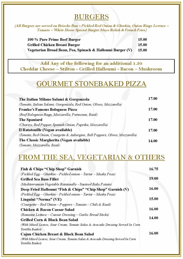 Sunday Menu at the White Horse Pub and Kitchen in Burnham Green, near , Welwyn, Tewin, Knebworth