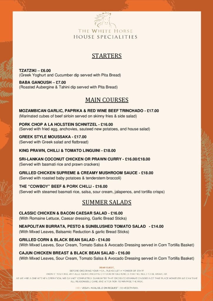 Specials Menu at the White Horse Pub and Kitchen in Burnham Green, near , Welwyn, Tewin, Knebworth