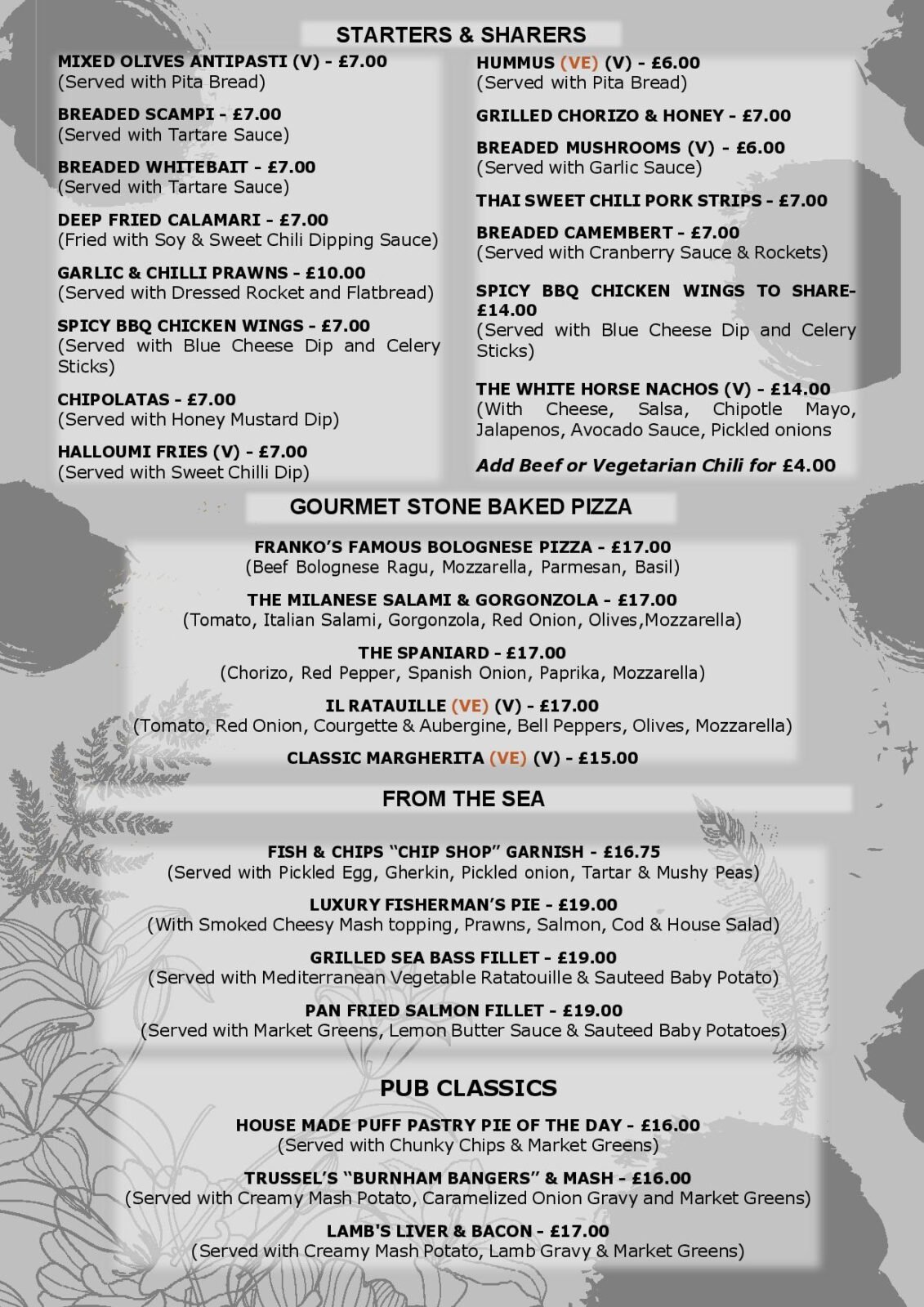 Starter Menu, Sharing Dishes and Pizzas at the White Horse Pub and Kitchen in Burnham Green, near Digswell, Welwyn, Tewin