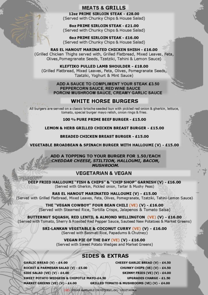 Seafood, Meats, Grills and Burgers Menu at the White Horse Pub and Kitchen in Burnham Green, near Digswell, Welwyn, Tewin