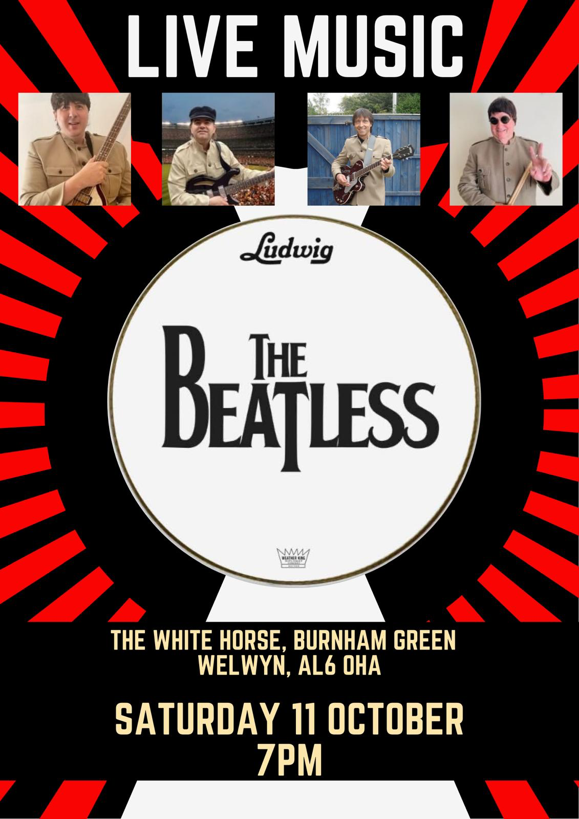 Beatles tribute night, live music venue with BBQ. White Horse Burnham Green pub near Tewin, Welwyn Garden City