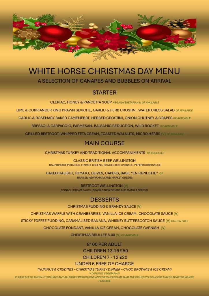 Traditional Christmas Day Dinner at the White Horse in Burnham Green. Pub in Hertfordshire near Welwyn, Tewin, Digswell, Welwyn Garden City and Hertford