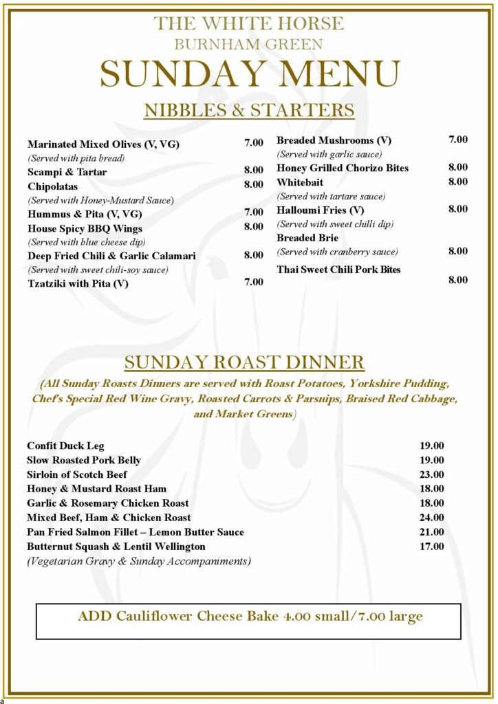 Sunday Roasts at the White Horse Pub and Kitchen in Burnham Green, near , Welwyn, Tewin, Knebworth