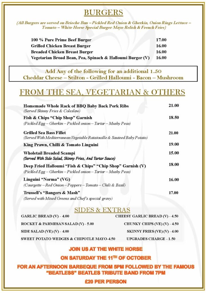 Sunday Menu at the White Horse Pub and Kitchen in Burnham Green, near , Welwyn, Tewin, Knebworth