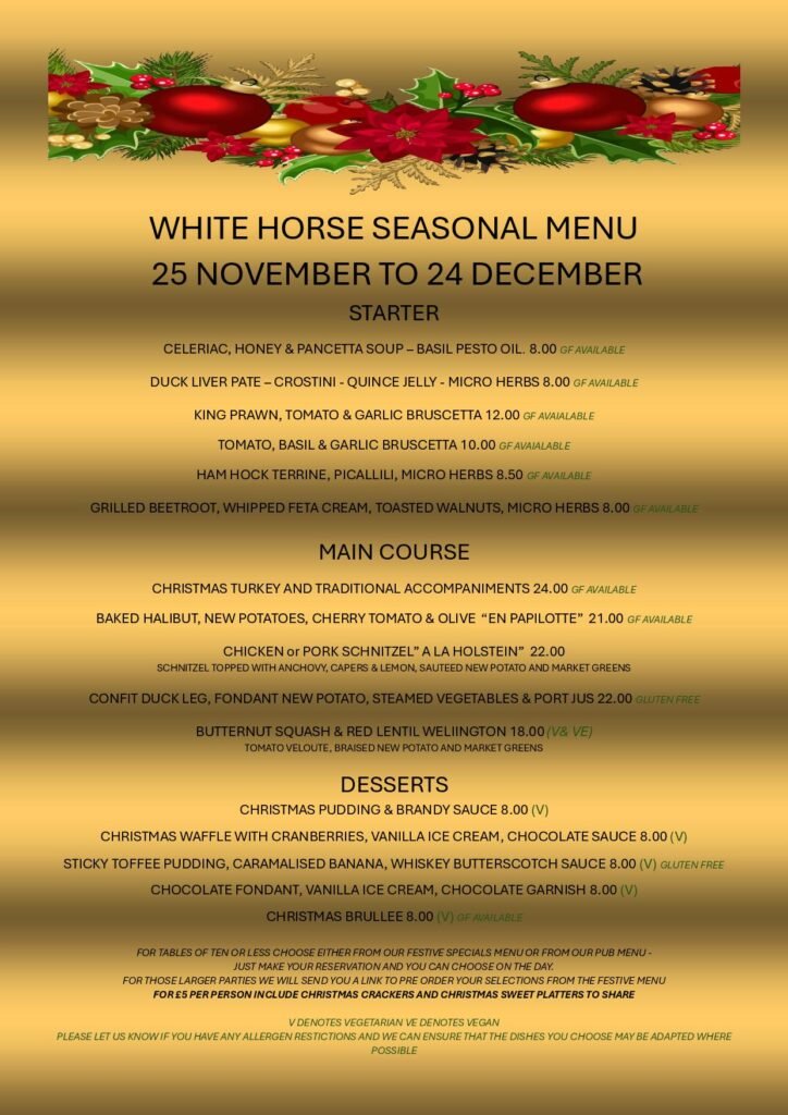 Christmas Party Seasonal Menu for Christmas 2023 at the White Horse Pub Restaurant in Burnham Green near Welwyn, Stevenage and Knebworth