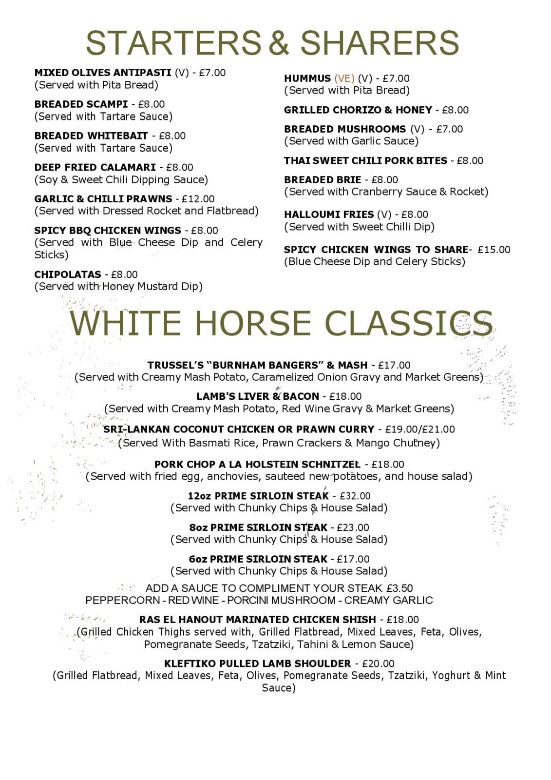 Starter Menu, and classic pub dishes at the White Horse Pub and Kitchen in Burnham Green, near Digswell, Welwyn, Tewin