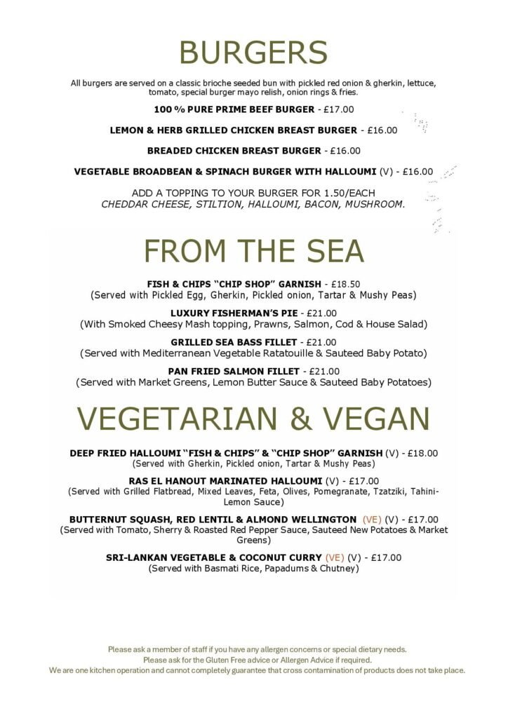 Burgers, Seafood and vegetarian and vegan at the White Horse Pub and Kitchen in Burnham Green, near Digswell, Welwyn, Tewin