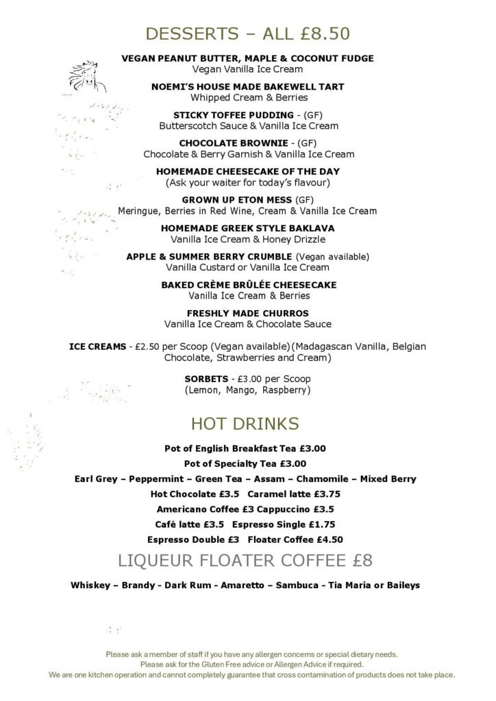 Dessert Menu, Coffee Shop at the White Horse Pub and Kitchen in Burnham Green, near , Welwyn, Tewin, Knebworth