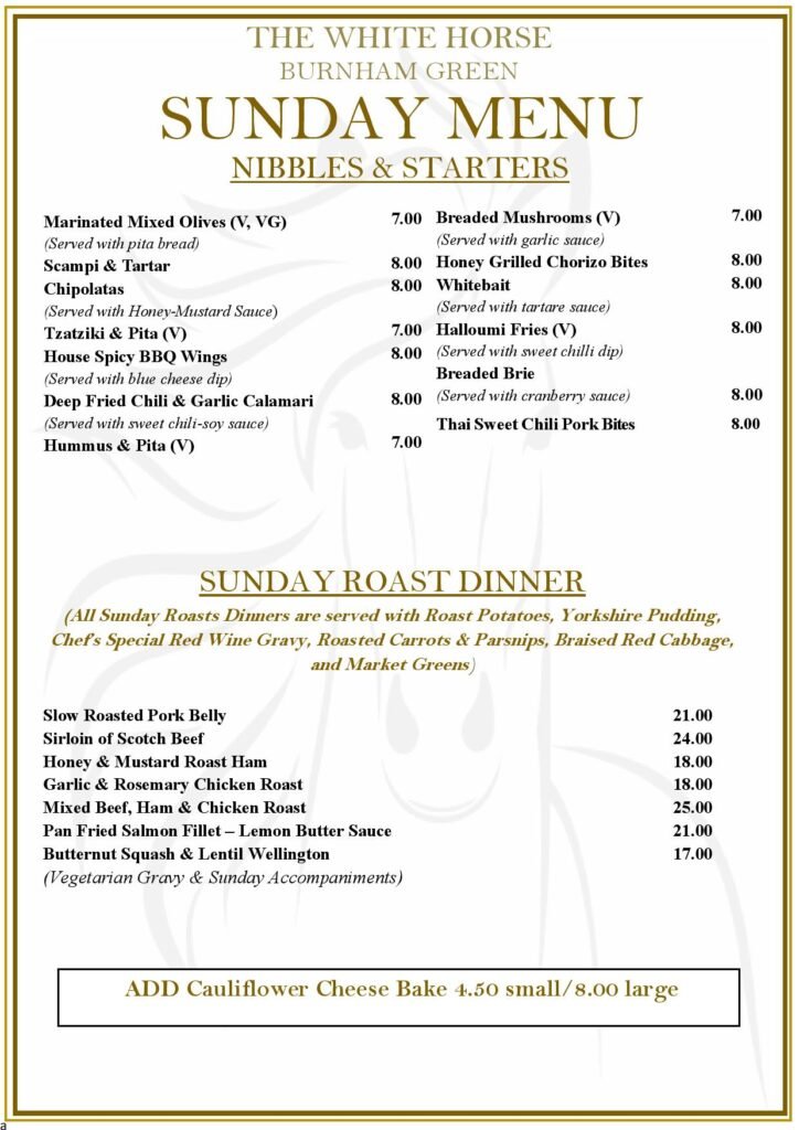 Sunday Roasts at the White Horse Pub and Kitchen in Burnham Green, near , Welwyn, Tewin, Knebworth