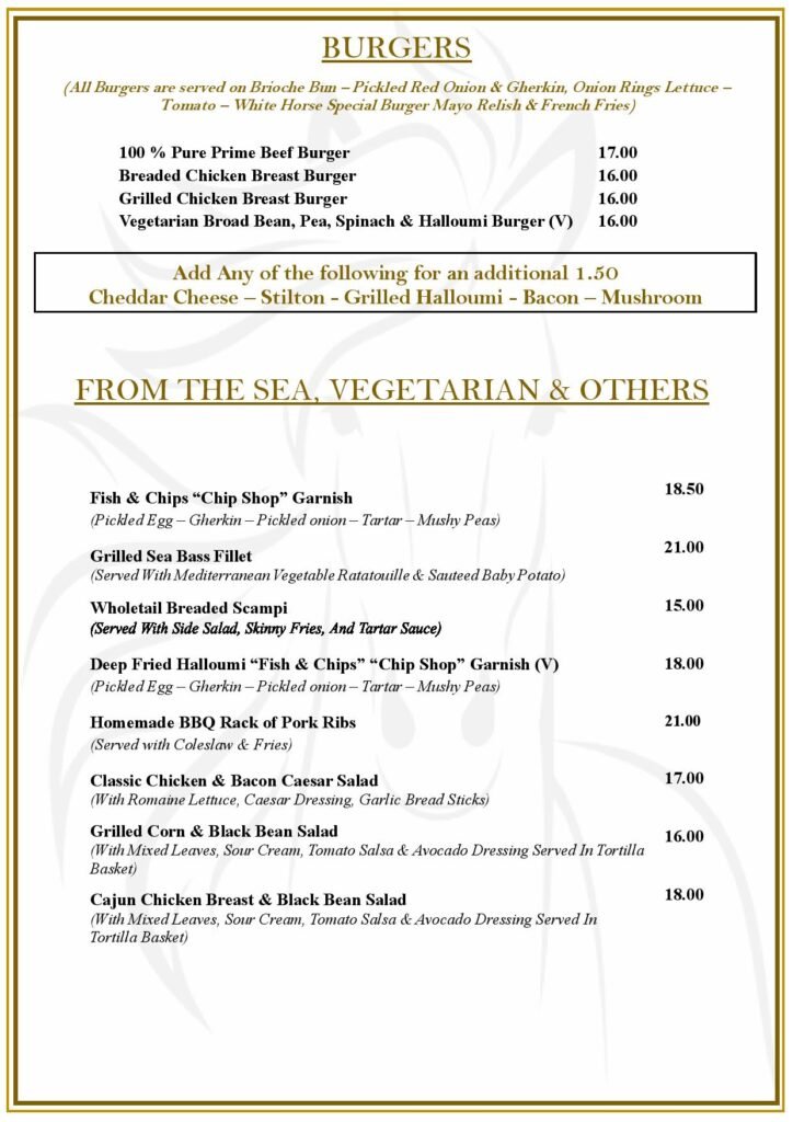 Sunday Menu at the White Horse Pub and Kitchen in Burnham Green, near , Welwyn, Tewin, Knebworth