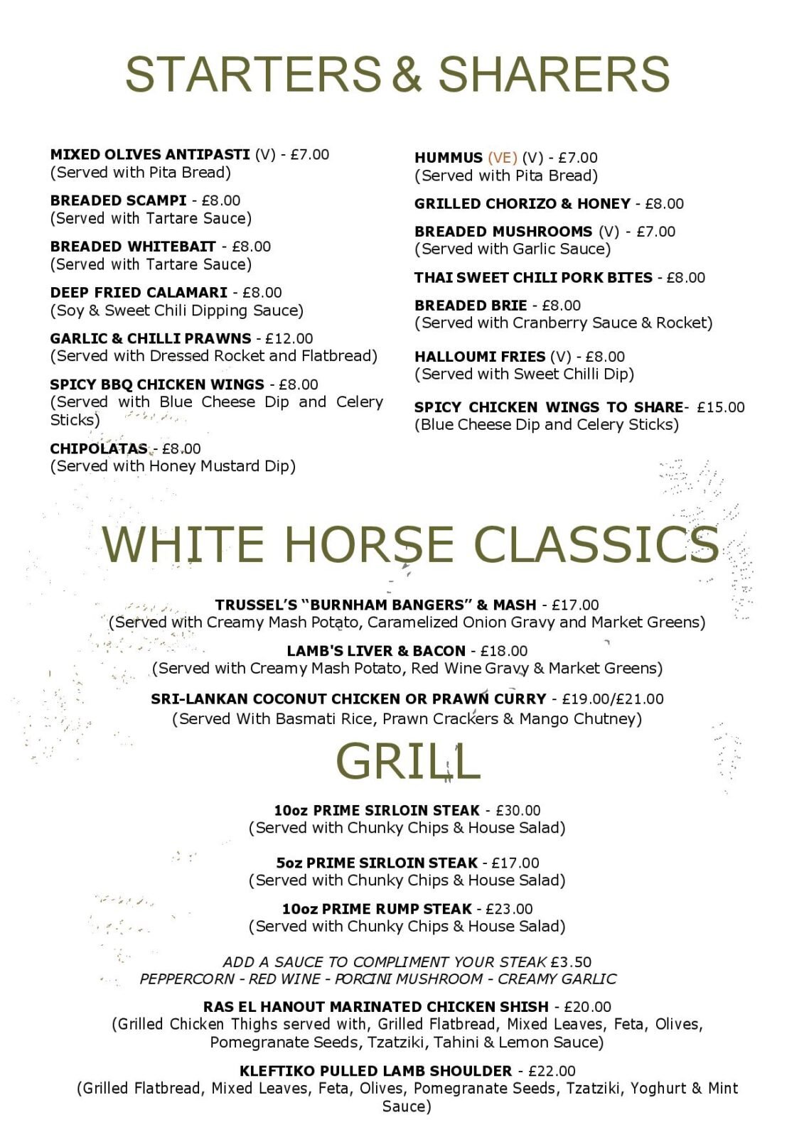 Starter Menu, and classic pub dishes at the White Horse Pub and Kitchen in Burnham Green, near Digswell, Welwyn, Tewin