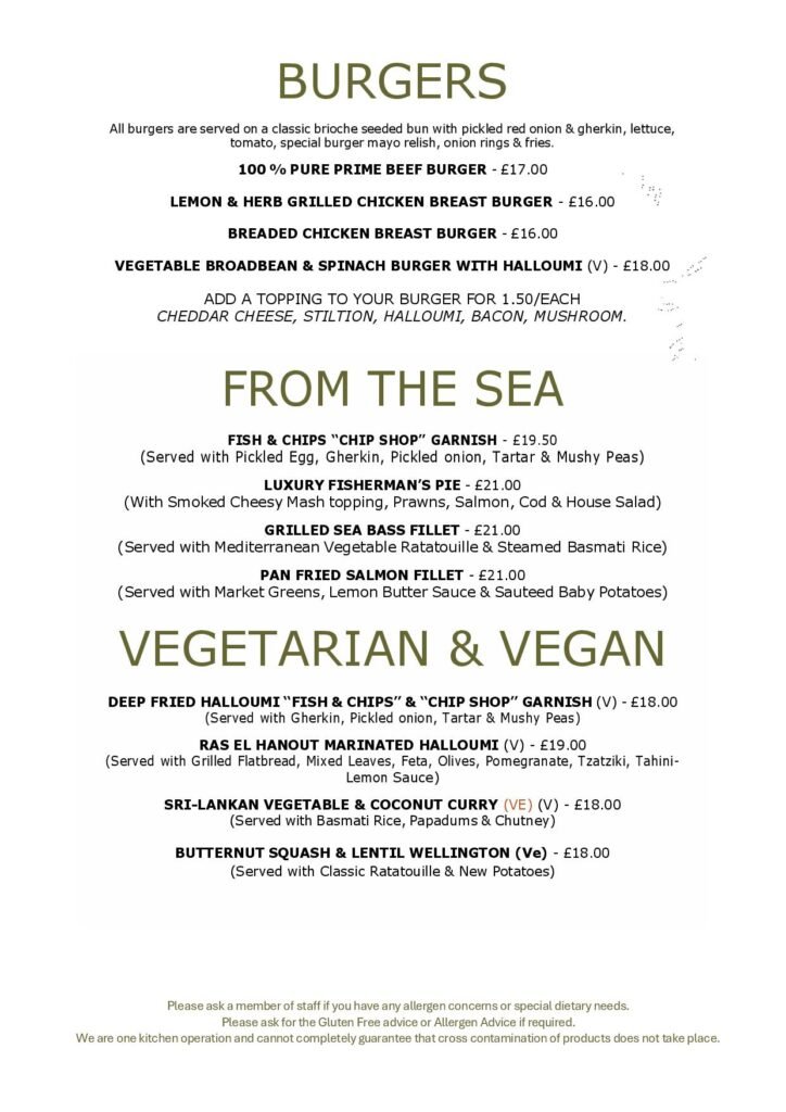 Burgers, Seafood and vegetarian and vegan at the White Horse Pub and Kitchen in Burnham Green, near Digswell, Welwyn, Tewin