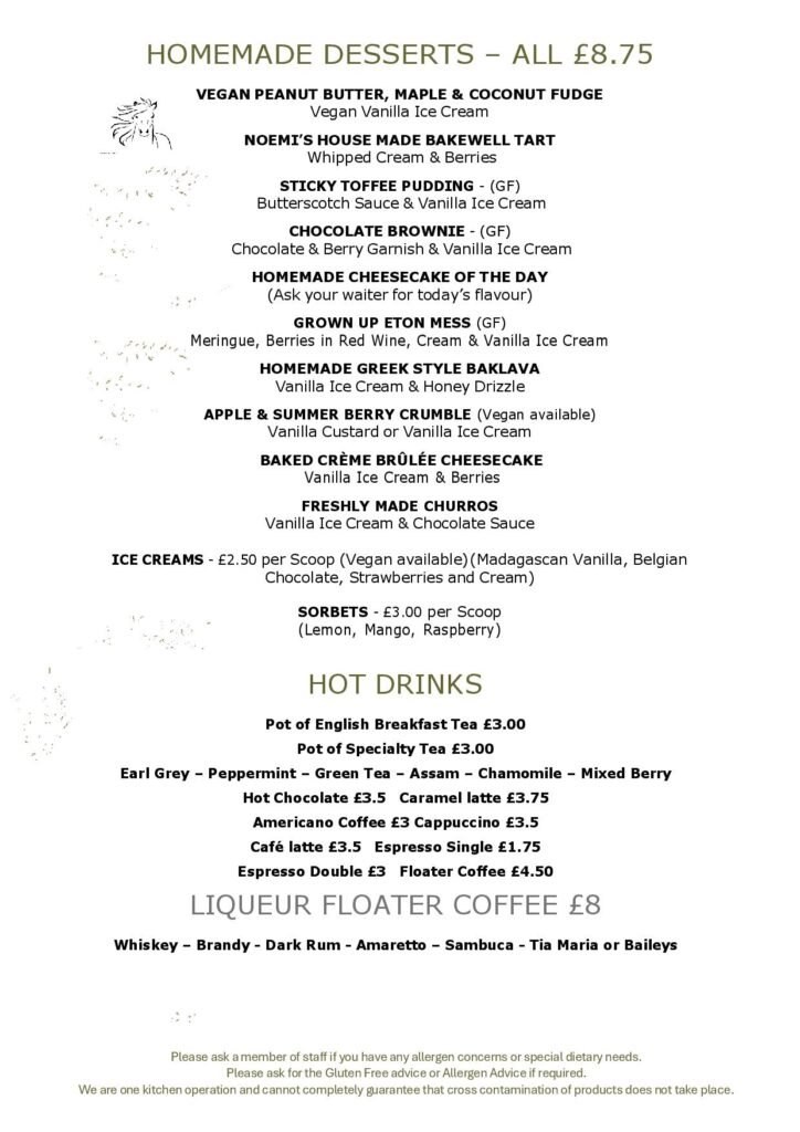 Dessert Menu, Coffee Shop at the White Horse Pub and Kitchen in Burnham Green, near , Welwyn, Tewin, Knebworth