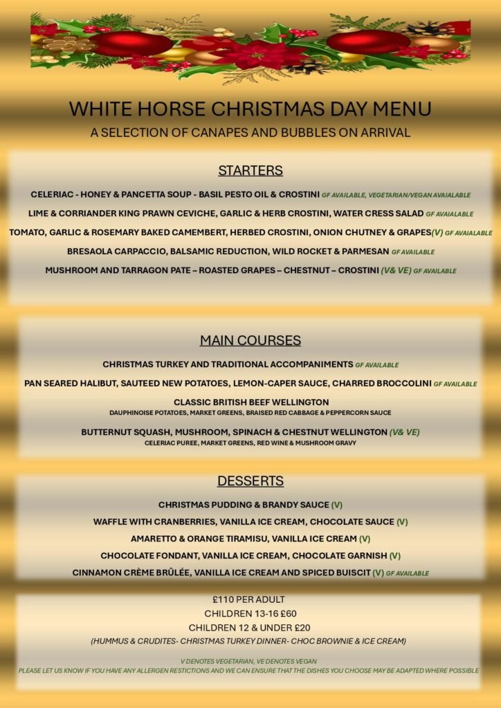 Traditional Christmas Day Dinner at the White Horse in Burnham Green. Pub in Hertfordshire near Welwyn, Tewin, Digswell, Welwyn Garden City and Hertford