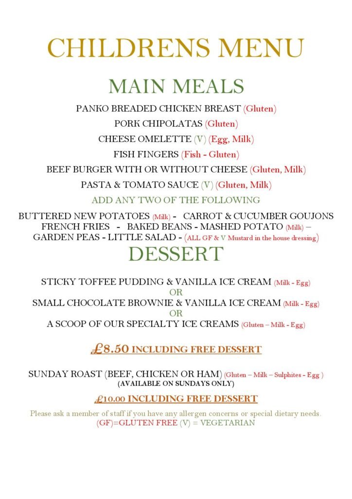 Children's Menu for the White Horse pub in Burnham Green near Welwyn, Oaklands, Tewin and Datchworth in Hertfordshire. With big Pub Beer Garden and Children's play area