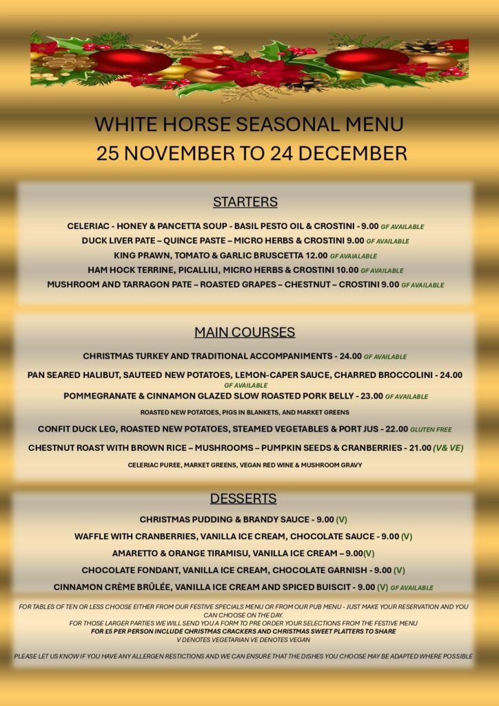 Christmas Party Seasonal Menu for Christmas 2023 at the White Horse Pub Restaurant in Burnham Green near Welwyn, Stevenage and Knebworth