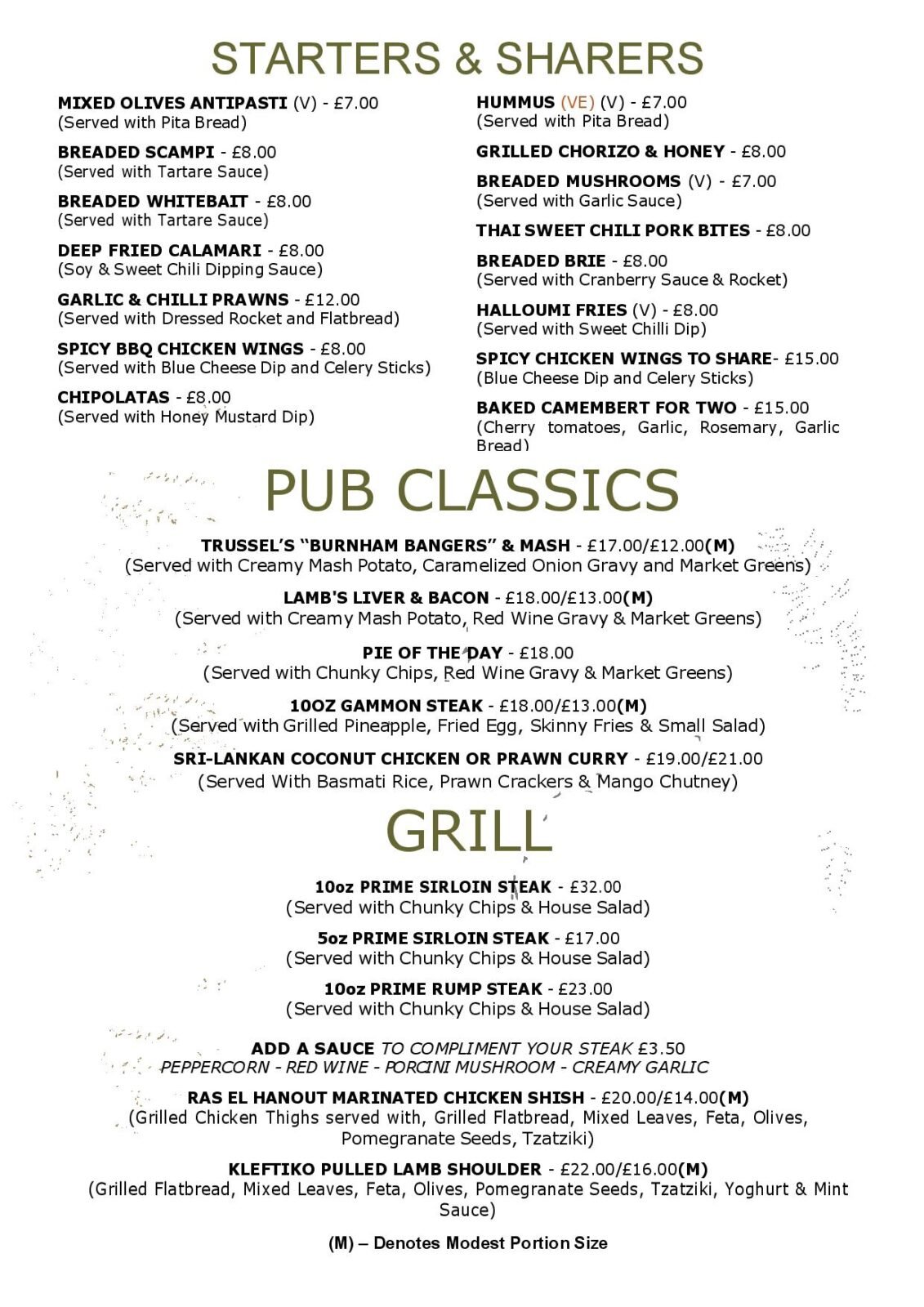 Starter Menu, and classic pub dishes at the White Horse Pub and Kitchen in Burnham Green, near Digswell, Welwyn, Tewin