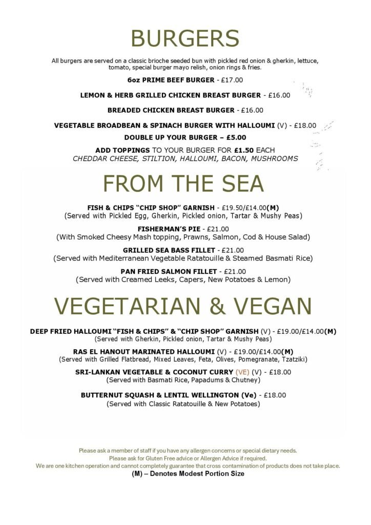 Burgers, Seafood and vegetarian and vegan at the White Horse Pub and Kitchen in Burnham Green, near Digswell, Welwyn, Tewin