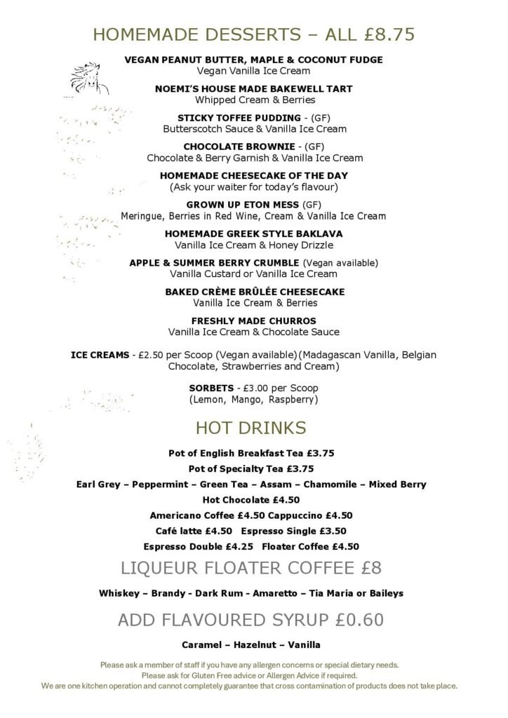 Dessert Menu, Coffee Shop at the White Horse Pub and Kitchen in Burnham Green, near , Welwyn, Tewin, Knebworth